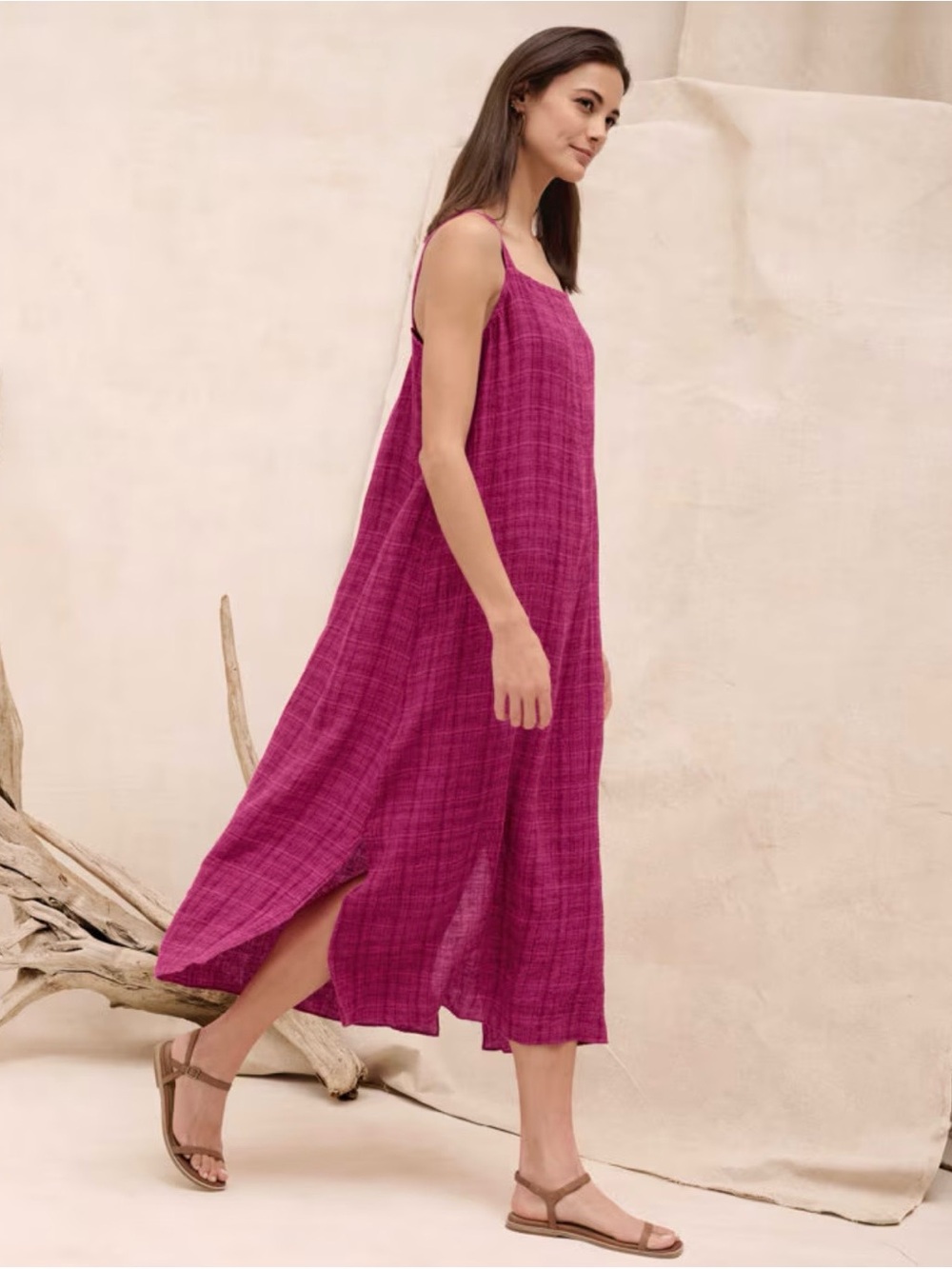 Eileen Fisher Puckered Organic Linen Plaid Square Neck Maxi Dress Sangria Pink